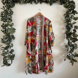 Cato Embroidered Tiered Open Midi Duster Cardigan Butterfly Multi Size M